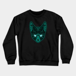 Decorated Teal Blue Sugar Skull Cat Crewneck Sweatshirt